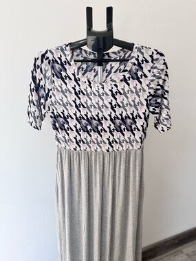 Celeste Houndstooth Top Grey Maxi Dress Pockets Size Large